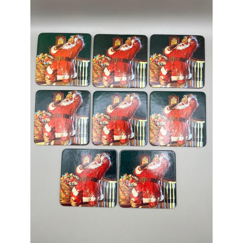 Coca-Cola Santa Claus Cork Backed Drink Coasters Set of 8 Vintage 1999 Red